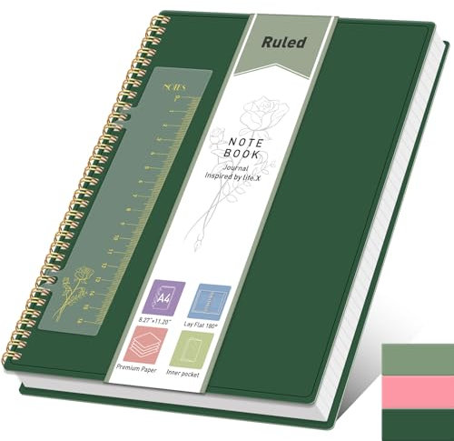 PYNEX Notizbuch A4 Liniert, Notizblock Ringbuch, Tagebuch, Zum Schreiben, 105 GSM College-liniertes Papier, 21.5 x 27.9cm - Dunkelgrün