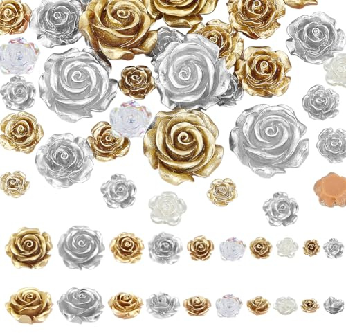 PH PandaHall 5 Größen Rose Cabochons 50pcs Blume Perlen 2 Farben Flatback Floral Cabochons No Hole Harz Rose Perlen Goldene Silber Blume Dekor für DIY Handwerk Telefon Fall Haarnadel Schmuck machen
