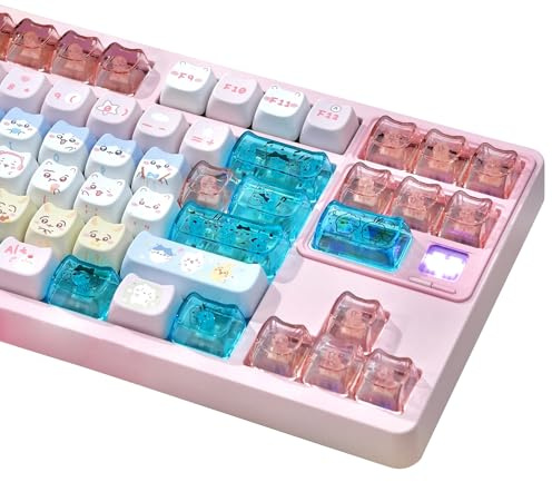 TYRIXKI 26 Keys Crystal Jelly Personalized Keycaps, PC Material Cute Blue Pink Kawaii Transparent Custom Keycaps, Mao Profile Keycap for DIY MX Swithes Mechanical Keyboards