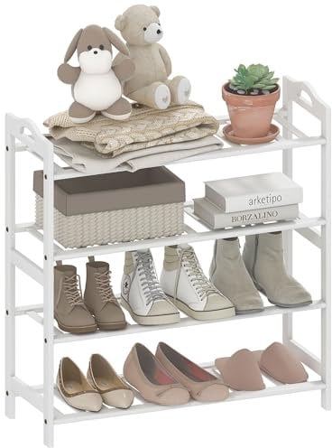 HOMCOM Zapatero de 4 Niveles Estantería para Zapatos de Bambú para 12 Pares de Zapatos para Entrada Pasillo Dormitorio 67,5x24,7x72 cm Blanco