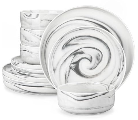 MKLHAVB Set di stoviglie in Porcellana Effetto Marmo da 24 Pezzi con 8 Piatti da Portata/Dessert(Grey Marble)