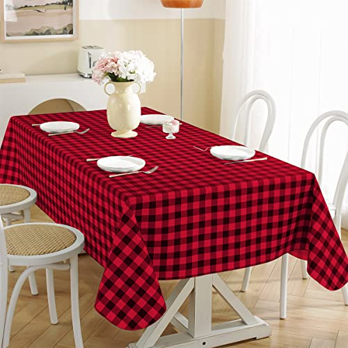 SASTYBALE Red and Black Checked Rectangular PVC Tablecloth, 52 x 70 Inch / 132 x 178 cm Oilcloth Tablecloth with Flannel Backing, Waterproof Wipe Clean Table Cover for Christmas Dining Party