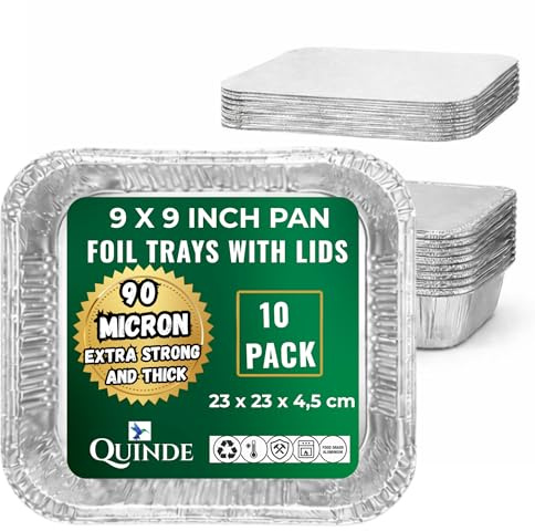 QUINDE Aluminium Foil Containers with Lids Pack of 10 – 1700ml 9×9” Heavy Duty Takeaway Foil Food Containers for Meal Prep, Freezer & Oven Use, Disposable Cooking Trays for Leftovers