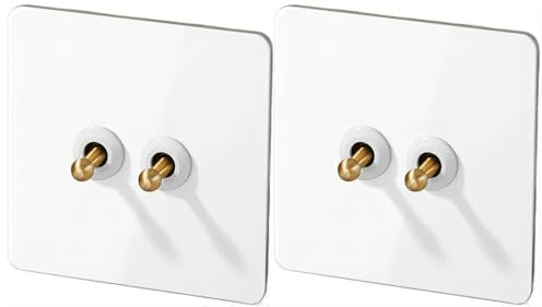 2 pièces Interrupteur à Bascule Mural Rétro en Laiton Doré avec Plaque en Acier Inoxydable Blanc, Type 86 pour Éclairage Domestique (2 Gang 2 Way)