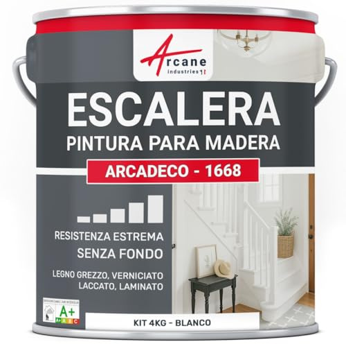 Peinture Escalier Bois Antidérapante Lessivable - ARCADÉCO 4 kg Blanc | Peinture Escalier Bois, Finition Velours, Adhère au Bois, Antidérapante, Lessivable, Séchage Rapide - Arcane Industries