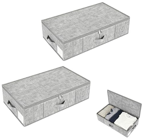 Unterbett-Aufbewahrungsbox, Unterbett-Aufbewahrungsbox mit Deckel (2 Stück), 85 × 40 × 12 cm, faltbarer Leinenstoff, Unterbett-Organizer mit Reißverschluss für Kleidung, Bettwäsche, Decken – ideal für