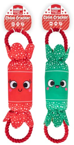 YöL Green & Red Squeaky Plush & Rope Christmas Cracker Dog Toy – 47cm Festive Design – Soft Polyester with Internal Squeaker & Crinkle Effect – Durable Chew, Tug Of War & Fetch
