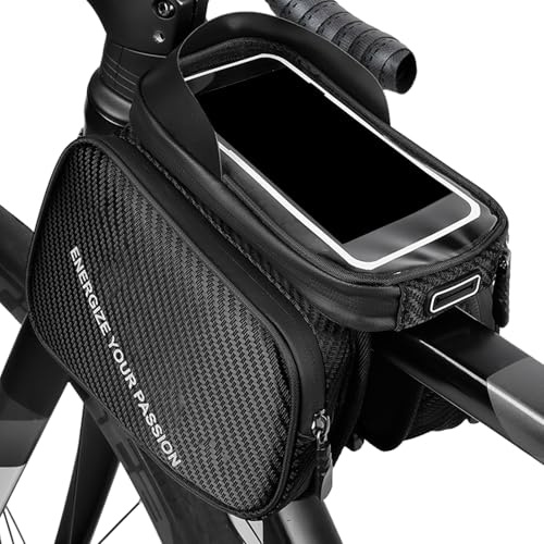 Qizeroty 2-IN-1 Fahrradtasche Rahmen, Rahmentasche Fahrrad, wasserdichte Lenkertasche Fahrrad Mit TPU Touchscreen Und Seitentaschen, Handytasche Oberrohrtasche, Wasserabweisende Werkzeugtasche