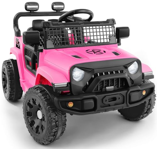 ELEMARA Voiture Véhicule Électrique pour Enfant, 5,6 KM/H, 12V Vehicule Electrique avec Contrôle Parental, Musique, 3 Vitesses, 2 Modes de Conduite, LED, Amortisseurs, Camion Electrique Enfant, Rose