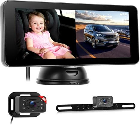 GOHHDL Caméra pour bébé et Caméra de recul 2 en 1, écran IPS Divisé de 6,86 Pouces pour Enfants, 2 Caméras HD 1080P avec Vision Nocturne, Grand Angle, pour Appuie-tête et Plaque d'immatriculation