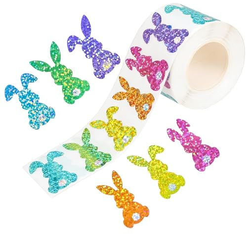 1 Rolle Osterhasen Aufkleber mit Glitzer Bunte Sticker in Hasenform für Kinder und Erwachsene, ideal für Ostereier, Geschenktüten, Körbe und Bücher