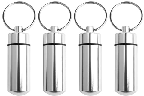 4 Stück Pillendose Schlüsselanhänger, Tragbare Aluminium Pillenbox, Medikamentenbox Mini, Outdoor Tablettendose, Klein Kapsel Pillendose klein, für Outdoor Camping Wandern Reisen