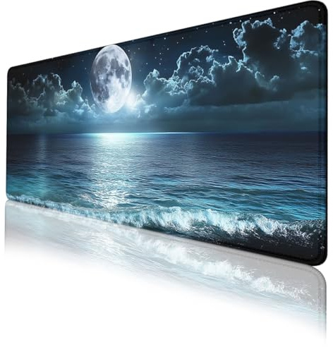 LSXP JR Night Beach Gaming Mouse Pad Moonlit Ocean Mystic Sea Large Gaming Mouse Mat with Stitched Edges,Non-Slip Waterproof Rubber Base Mous Mat