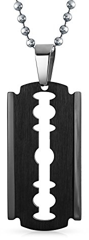 Bling Jewelry Personalize Hip Hop Biker Punk Rock Large Razor Blade Dog Tag Pendant Necklace For Men Black Stainless Steel 20 Inch Ball Chain Customizable