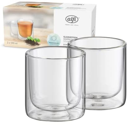 alfi GLASSMOTION 190ml, Thermogläser aus Borosilikat, 2er Set, hitzebeständige Kaffeegläser, Teegläser, Kaffeegläser doppelwandig, Doppelwandglas mit Schwebe-Effekt, spülmaschinenfest, BPA-frei