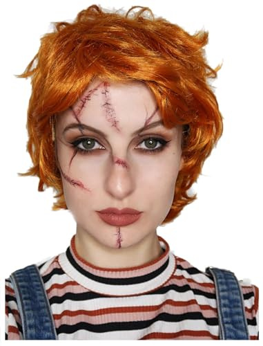 ALLAURA Evil Killer Doll Wig Orange Halloween Wig ñ Includes Scar Tattoos Anime Cosplay Halloween Costume
