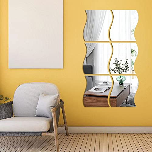 MCLEULLA 3D Wavy Mirror Art, 6PCS DIY Home Decorative Acrylic Mirror Tiles for Living Room, Bedroom, TV Setting Wall Decoration (silver, Large)