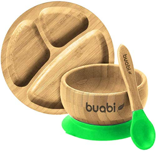 BUABI Vaisselle en bambou naturel, set 3 pièces : Assiette creuse et cuillère. Avec une ventouse antidérapante à la base. Bambou et silicone de qualité alimentaire, Biologique sans BPA (Vert)