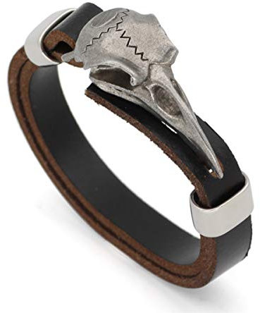 ESTUYOYA - Armband Rabe Schädel aus echtem Leder und Edelstahl Echtleder Armband Nordic Stil Wikinger Odin Tier Mythologie Amulett Glück, Edelstahl Leder