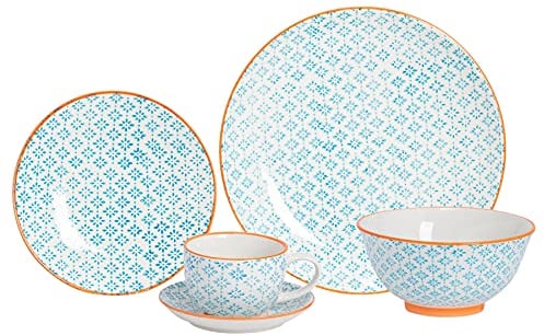 Nicola Spring Hand Printed 24 Piece Dinner Set - Blue - Porcelain Japanese Style Dinner Plates, Bowls, Side Plates, Tea Coffee Mugs and Saucers for Kitchens, Cafes & Restaurants