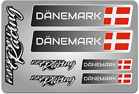 4er Set Aufkleber mit Fahne Flagge und wahlweise Name Sticker für Auto Fahrrad Motorrad Roller Helm im Rallye Racing Design R156 (09 Dänemark, Ohne Wunschname)