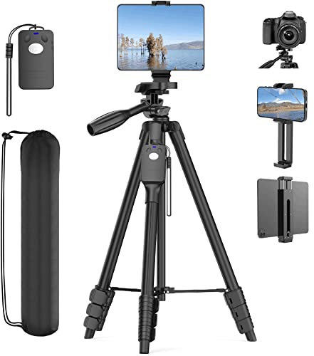 63 Tripod Stand for 4-13 Phone & Tablet, Camera Tripod Stand with Rechargeable Remote & Bag, Aluminum Professional Tripod 2 in 1 Mount & 1/4 Screw Tripods for iPhone, iPad, Camera, Projector