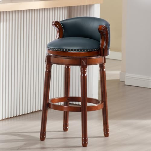 AULIFE Barhocker Holz – 360° Drehbar Barhocker mit Lehne, Echtleder Sitz, Handgefertigt mit Nagelkopfdekor, Massiver Gummibaumholzrahmen, Retro Barstuhl für Küche & Bar