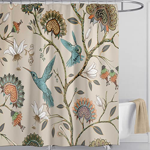 LIVETTY Off White Birds Floral Shower Curtain 180×180cm with 12 Hooks Mould Proof Floral Shower Curtain Fabric Bathroom Curtain Washable Quick-Drying