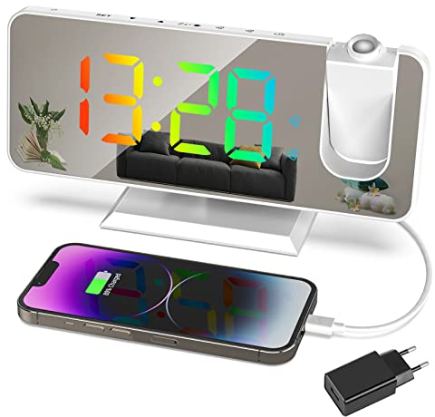 Exmate Projektionswecker, Digital Wecker mit Projektion, USB-Ladeanschluss, 7.5'' Dynamischer RGB-Spiegelbildschirm, Snooze Dual-Alarm, Einstellbare Helligkeit (Weiß mit Adapter)
