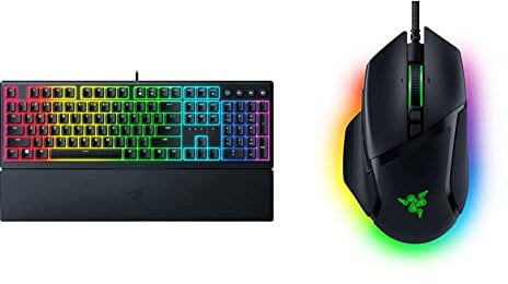 Razer Ornata V3 - Low-profile Mecha-membrane Keyboard Chroma RGB (Hybrid Mecha-Membrane Switch, Ergonomic Wrist Rest) UK Layout | Black & Basilisk V3 - Wired Customisable Gaming Mouse Black
