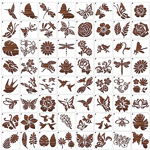 MWOOT 64 Pochoirs de Peinture pour Fleurs Mixtes,Petits Painting Stencils Templates sur le Thème du Printemps,Réutilisable Dessin Peinture Pochoirs pour Scrapbooking Tissu Décoration (7.62x7.62cm)