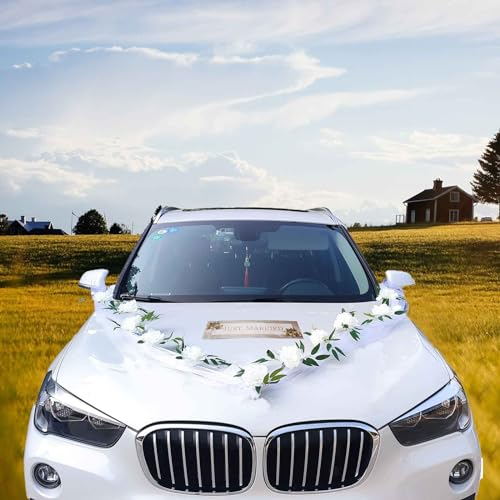 Kafilc Autoschmuck Hochzeit Blumen Deko Hochzeits Auto Deko Hochzeit Autoschleifen Hochzeit Deko Schmuck Car Auto Wedding Deko Braut Paar Blumen Dekoration Hochzeit für Auto Hochzeit Party (Weiß)