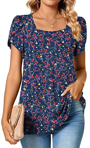 TAOHUADAO Womens Summer Casual T-Shirts Square Neck Petal Short Sleeve Tunic Tops for Legging Loose Comfy Blouses X-Large, Small Navy Flowers