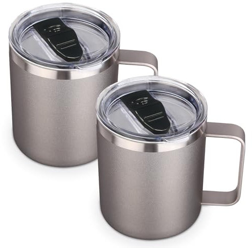 Volhoply 14oz Insulated Stainless Steel Coffee Mug with Lid Bulk 2 Pack,Double Wall Vacuum Travel Coffee Cup with Handle,Reusable Metal Tumbler,Camping Mugs Keep Hot,Christmas Gifts(Gray,2)