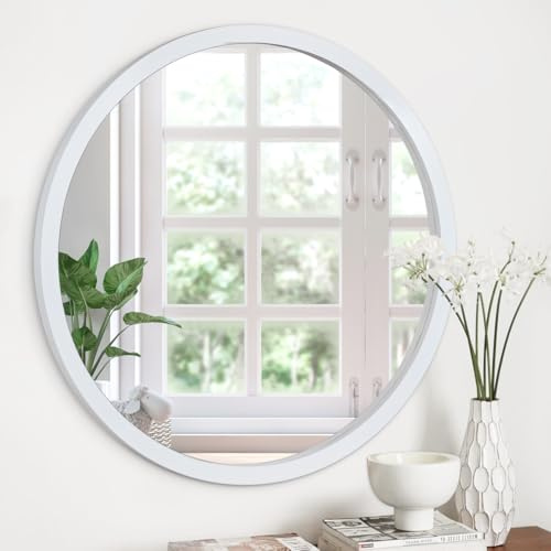 JJUUYOU Rustic Circle Wall Mirror 60 CM for Home Decor White Round Mirror for Bathroom Wall Mounted Wood Frame Mirrors for Living Room, Bedroom Washroom Dorm