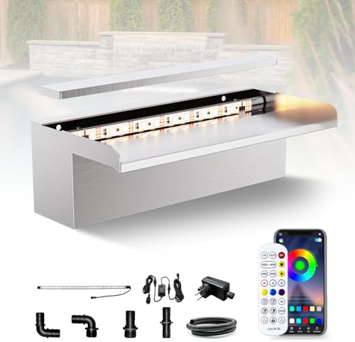 Longrun 30cm Teich Wasserfall Set, 304 Edelstahl Pool Wasserfall Brunnen mit RGB Bluetooth LED und Fernbedienung, Breite 15cm