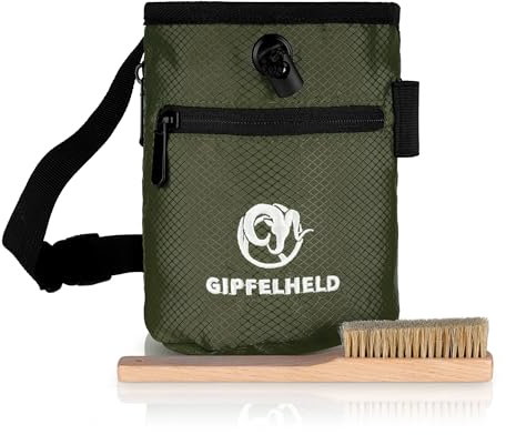 GIPFELHELD® Chalkbag Set dunkelgrün mit Boulder-Bürste zum Klettern und Bouldern, Magnesia-Beutel mit Karabiner, Hüftgurt und 2 Taschen, Kreide-Beutel auch für Crossfit und Gewichtheben