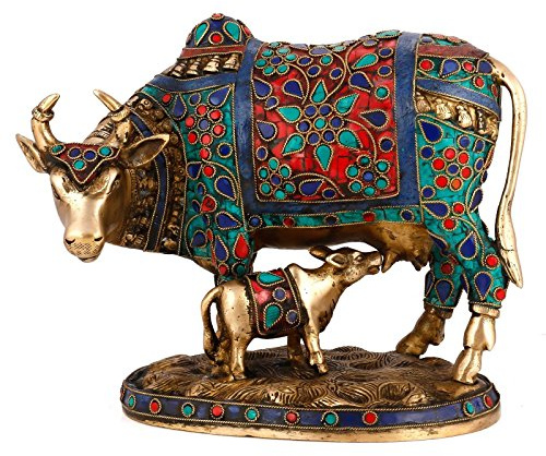 Amilav Collections Schöne Glückskulptur Nandi Kamdhenu Kuh & Kalb Messing - Religiöse KamDhenu Kuh Statue