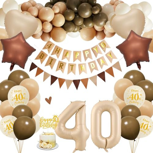 40. Geburtstagdeko Frauen Männer, 40 Jahre Braun Beige Ballon Arch Kit mit Happy Birthday Banner, Cake Topper, Geburtstag Zahlen Luftballon 40, Folienballon, Party Deko für 40 Geburtstag