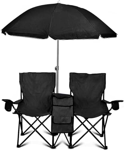 Loboo Idea Chaise pliante d'extérieur portable 2 places avec parasol amovible avec porte-gobelet et sac de transport, chaise de plage portable avec sac isotherme pour voyage, pêche, pique-nique (noir)