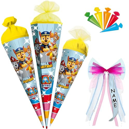 alles-meine.de GmbH Schultüte - P. Patrol - Hunde - 35-85 cm - Größe wählbar - Holzspitze wählbar - inkl. Name + Bänder Schleife + 5 kleine Zuckertüten - Zuckertüte - Tüll - od..