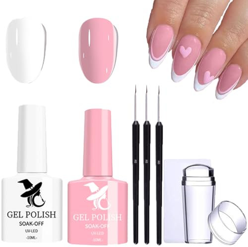 French Manicure Kit Pink & White Gel Nail Polish Set for French Tip, 2Pcs Gel Polish Set for French Tip Nails with Nail Stamper & Nail Art Brushes, Soak Off UV French Nail Polish Set for Women Girl