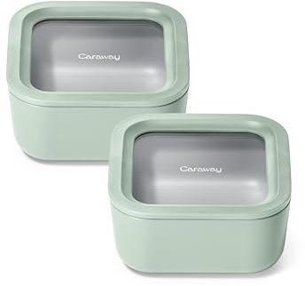 Caraway 2pc Glass Food Storage Set - 4.4 Cup Food Containers (2) - Ceramic Coated - Non Toxic, Non Stick Lunch with Lids - Dishwasher, Oven, & Microwave Safe - Mist