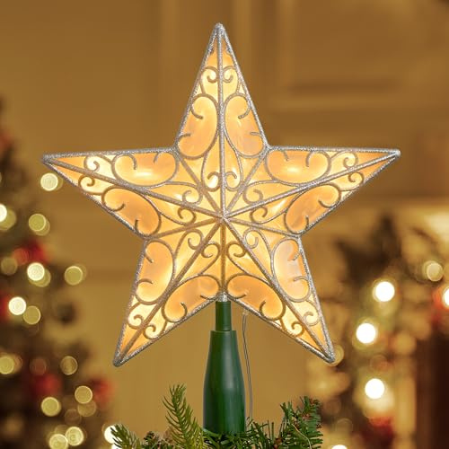 JOIEDOMI 26,7 cm beleuchtete PVC-Glitzerstern-Weihnachtsbaumspitze, 10 warmweiße helle silberfarbene Baumspitzen, batteriebetrieben für Weihnachtsbaumschmuck, Zuhause, Urlaub, Weihnachten, Party