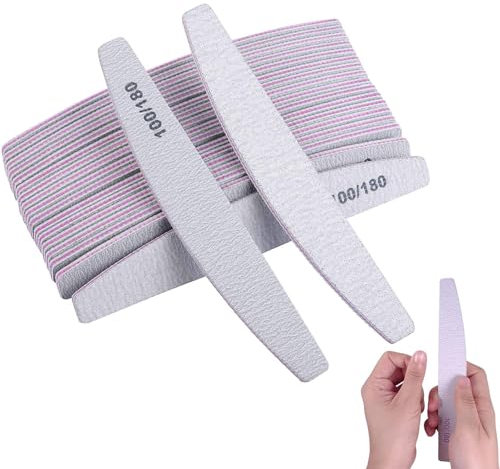 Nail Files, 25 Pcs Professional Nail File, 100/180 Grit Washable Nail File, Double Sided Emery Board Manicure Tools Nail Styling Tools Pet Grooming Tools (Half-Moon-Shaped)