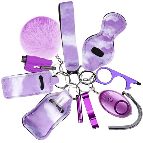 RosyFate Selbstverteidigung Schlüsselanhänger Set Frauen, 8 in 1 Self Defense Keychain Set, Sicherheits-Schlüsselanhänger-Zubehör, Sicherheitsalarm, Sicherheitshammer mit Gurtschneider (Lila)