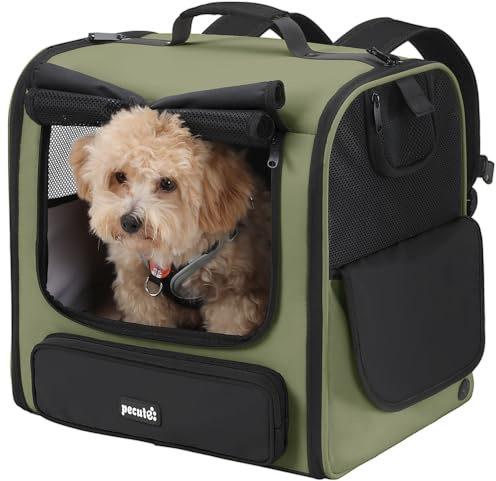 pecute Große Katzen Rucksack Tragetasche für Katzen & kleine Hunde, Belüfteter & robuster Haustier Rucksack für Wandern, Camping, Reisen Leichtes, ergonomisches Design, Dunkelgrün