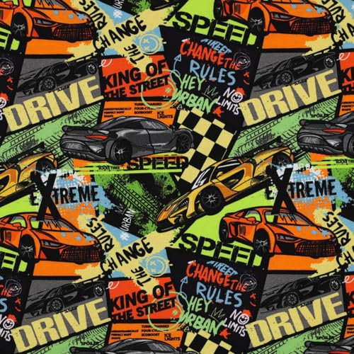 VmG-Store Jersey Stoffe Meterware zum Nähen Baumwolljersey Nähstoff Kinderstoff 140 cm breit III (Car Racing Jb013)