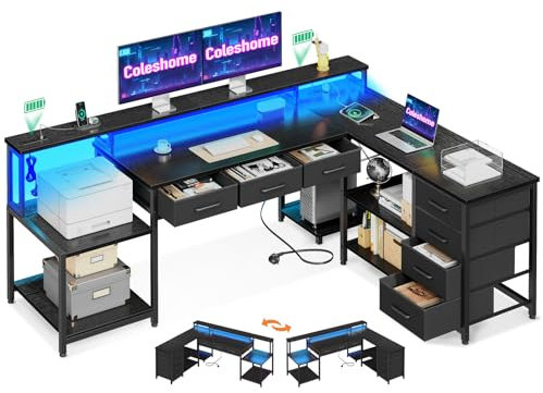 Coleshome Tavolo da Gaming con Luci LED RGB, Scrivania Angolare con 7 Cassetti e Ampio Spazio di Archiviazione, Scrivania a Forma di L Reversibile con 2 Prese, Nero, 179.5×135.5cm