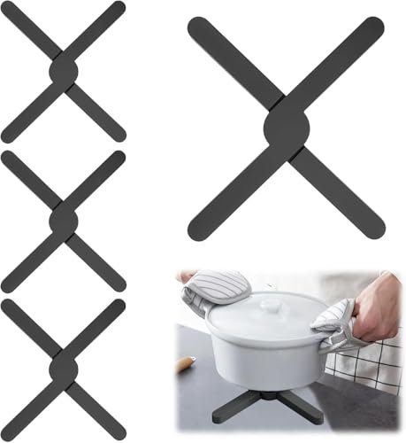 4 Pack Folding Silicone Trivet, X-shaped Foldable Silicone Trivets, Multifunctional Folding Mat, Heat Resistant Non Slip Pot Holder, for Hot Pans, Cup, Dishes and Plates(Dark Gray)